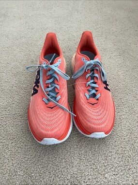 Hoka Women's Coral Athletic Running Shoes with Light Blue Laces